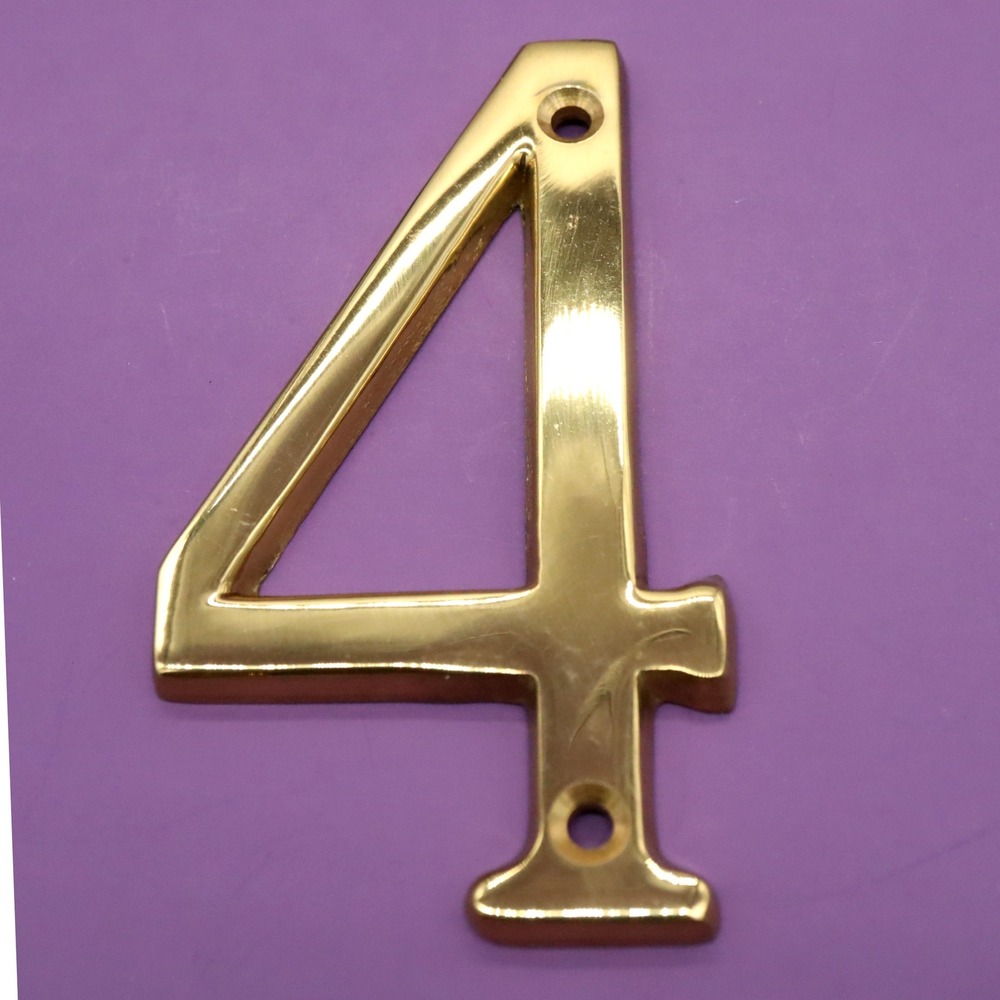 Number 4 Four Polished Brass 4" House Number w/Hardware Wall Mount Post Address